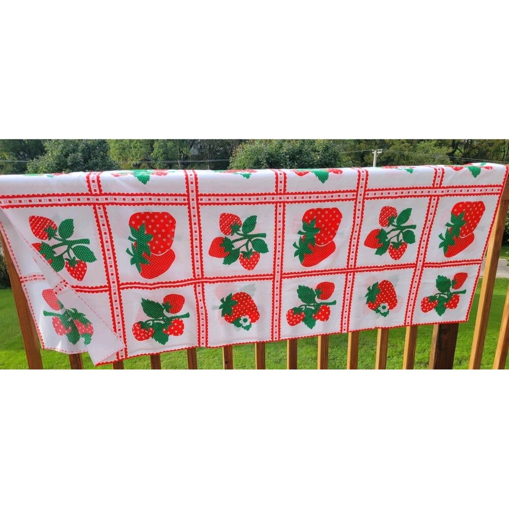 Vtg Tablecloth Square White Strawberries Handmade 64" x 63" Retro